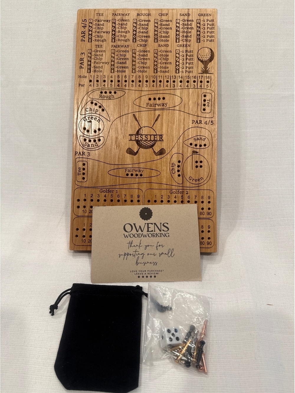Owens Woodworking Dice Golf Game Board with Game Pieces and Dice